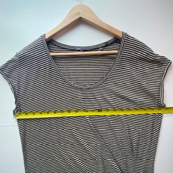 VINCE Pima Cotton Cap Sleeve Ruched Tee Black and Tan Stripes Size M - Picture 9 of 10